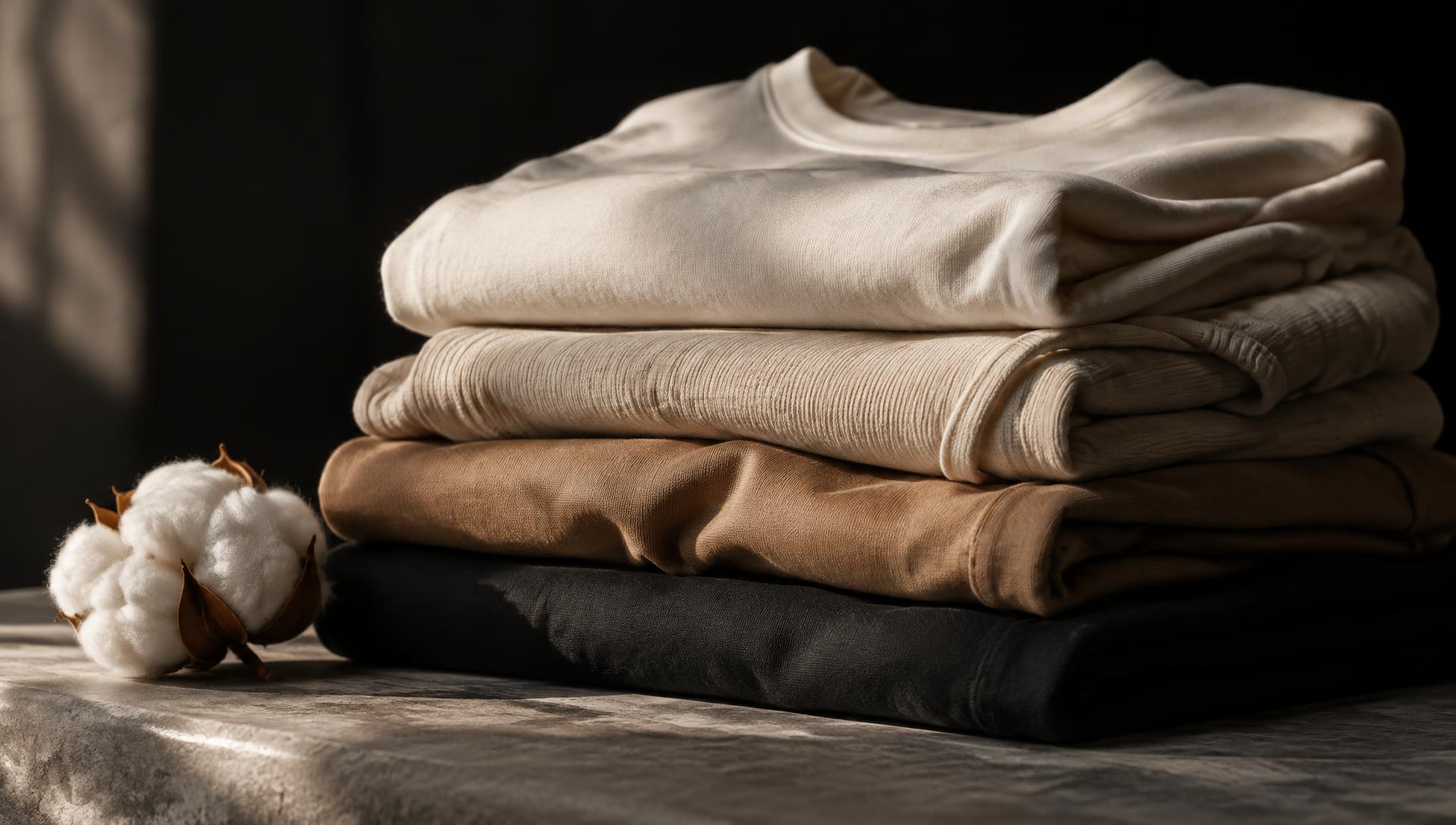 Folded cotton garments in cream, sand and black